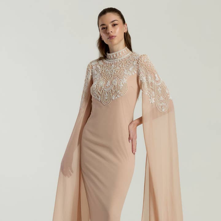 Penelope Blush Embellished Cape Sleeve Maxi Dress for wholesale by Frock & Frill