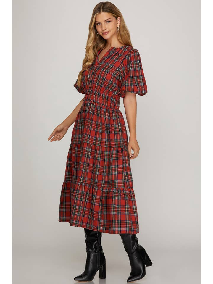 Peace Love Line - Wholesale Dress - Women's - PL9305 - PUFF SLEEVE WOVEN PLAID TIERED MIDI DRESS1