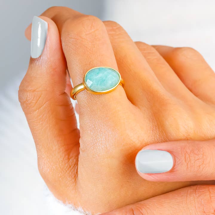 Tiramisu - Wholesale Single Stone/Solitaire Ring - Gold Plated Silver Mirage Amazonite Gemstone Ring1