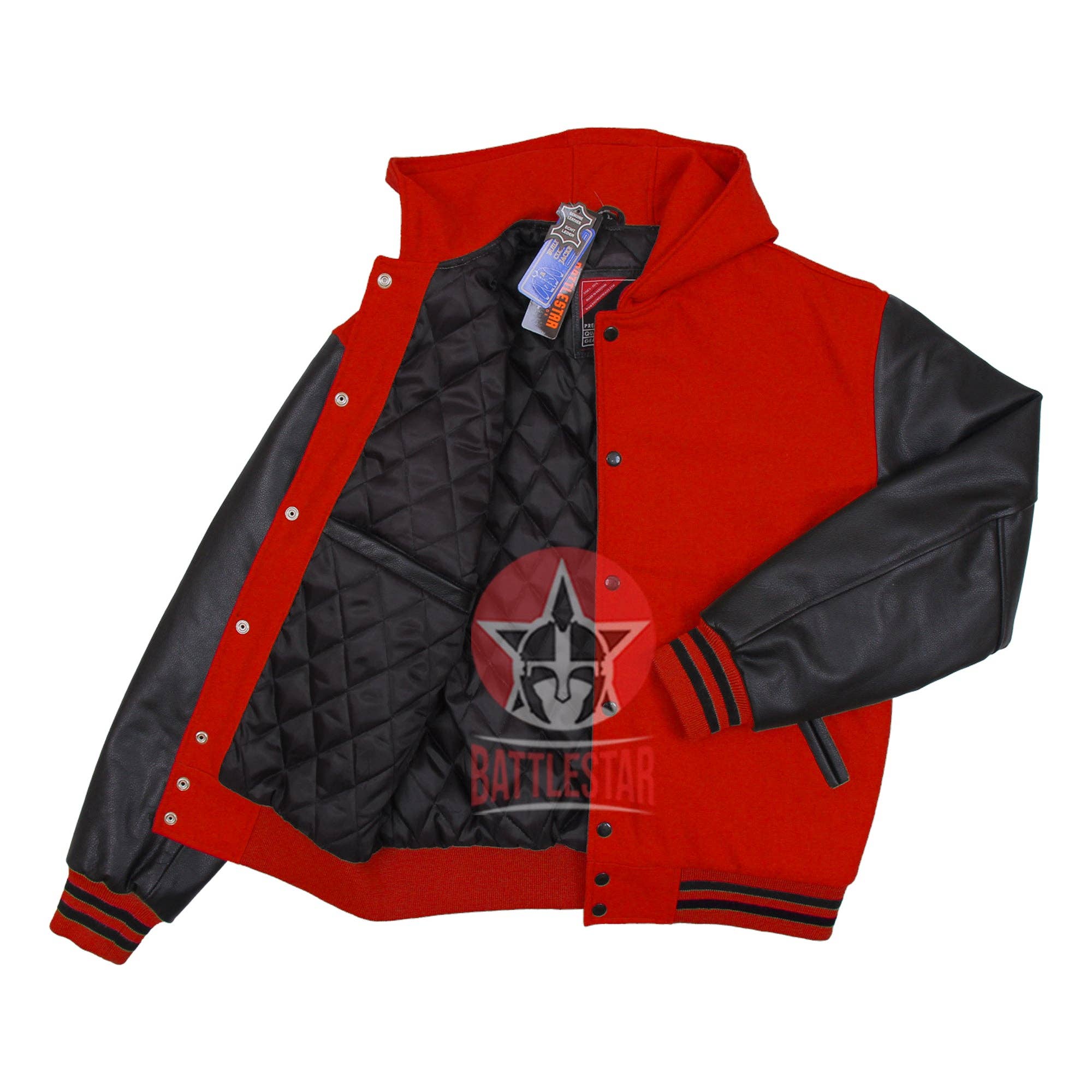 Eastworth Industries - Wholesale Varsity-/honkbaljacks - Heren - Rode wollen zwarte leren honkbal Varsity-jas met capuchon3