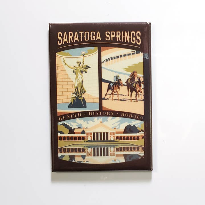 Pista de caballos con imán de recuerdo retro vintage de Saratoga Springs para venta al por mayor de Lionheart Graphics