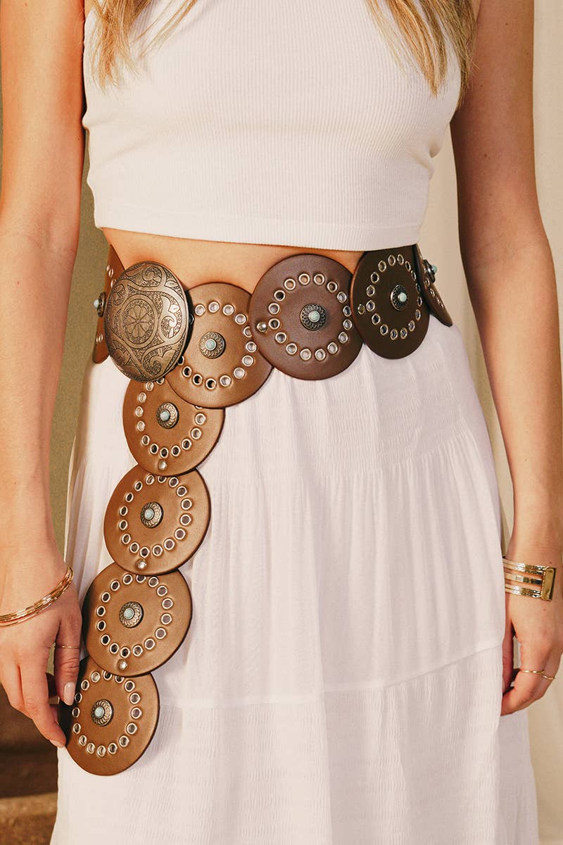 Brown Large Circle Western Disc Link Fashion Belt for wholesale on Faire0