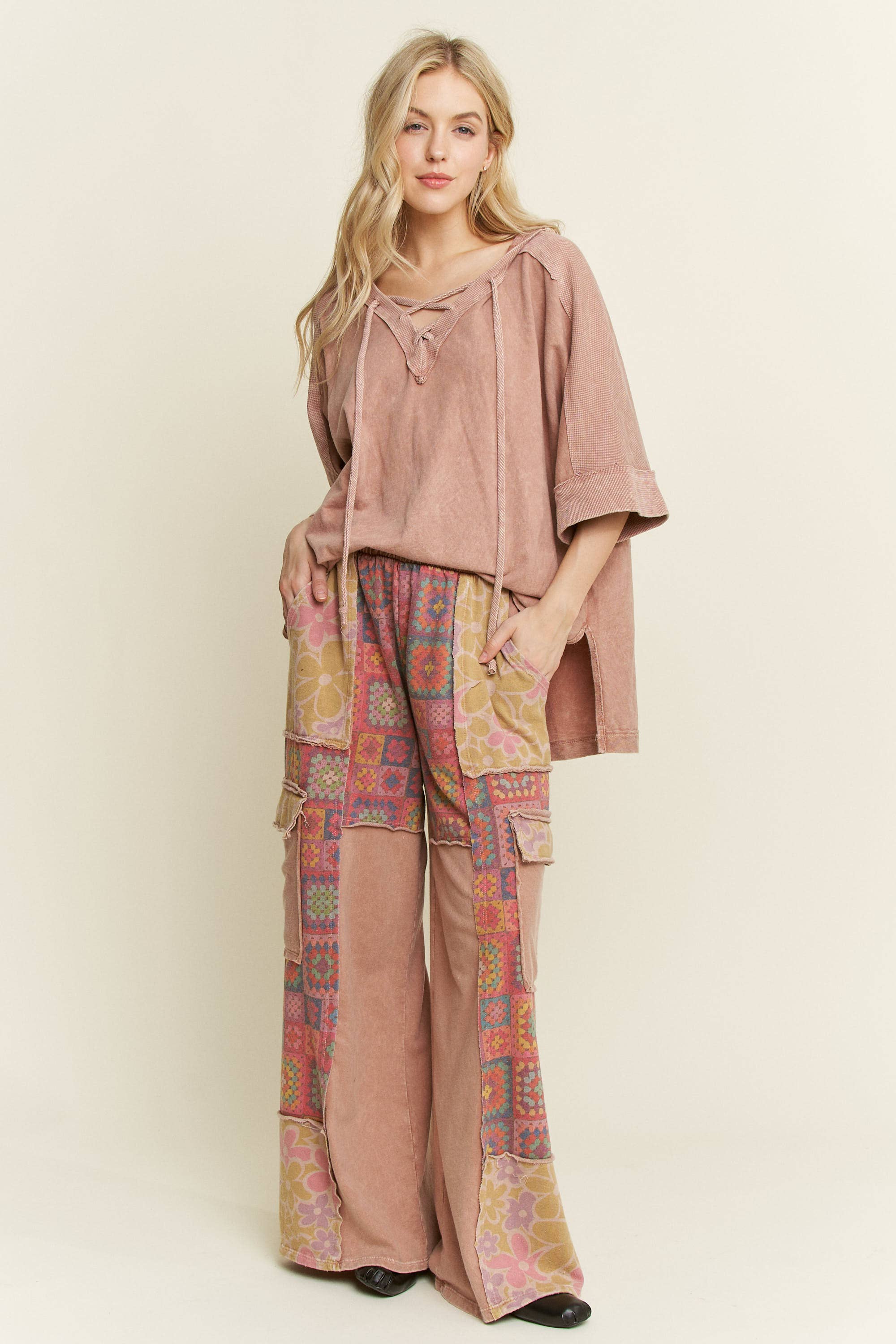 J.Her - Wholesale Pants - Women's - MineralWash Boho Crochet Floral Printed Pants HP575822