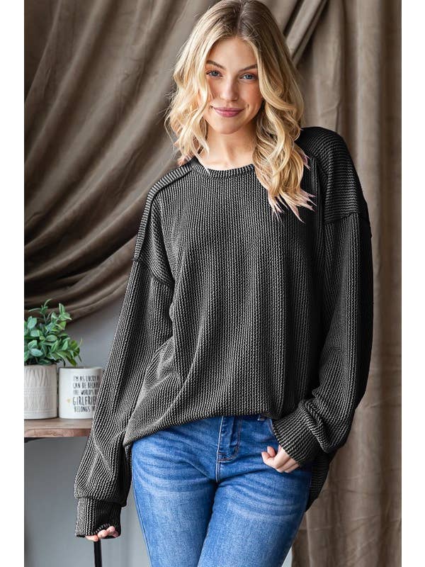 HEIMISH - Wholesale Knit Top - Women's - ET7684-10 LONG PUFF SLEEVE SOLID URBAN RIBBED TOP