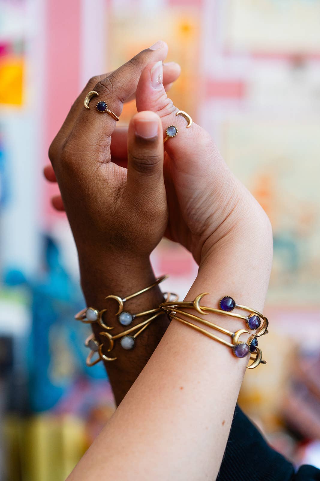 Bella Vita Jewelry - Wholesale Cuff Bracelet - Gemstone Sun and Moon Open Brass Bangle Bracelet5