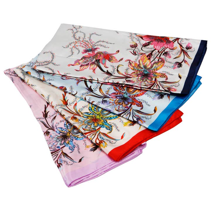 Cap Zone - Wholesale Scarf - Women's - Exotic Lily Floral Faux Silk Square Scarf2