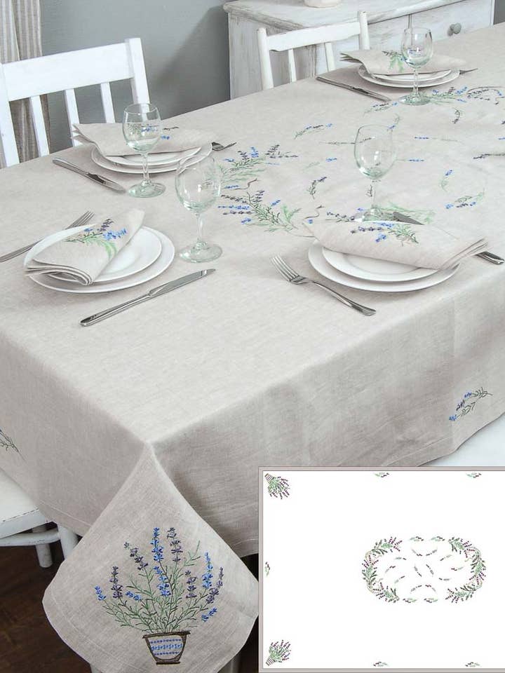 Toalha de Mesa Bordada em Linho Premium - Lavanda Cinza 240x140 cm por atacado de Handmade Originals Ukraine