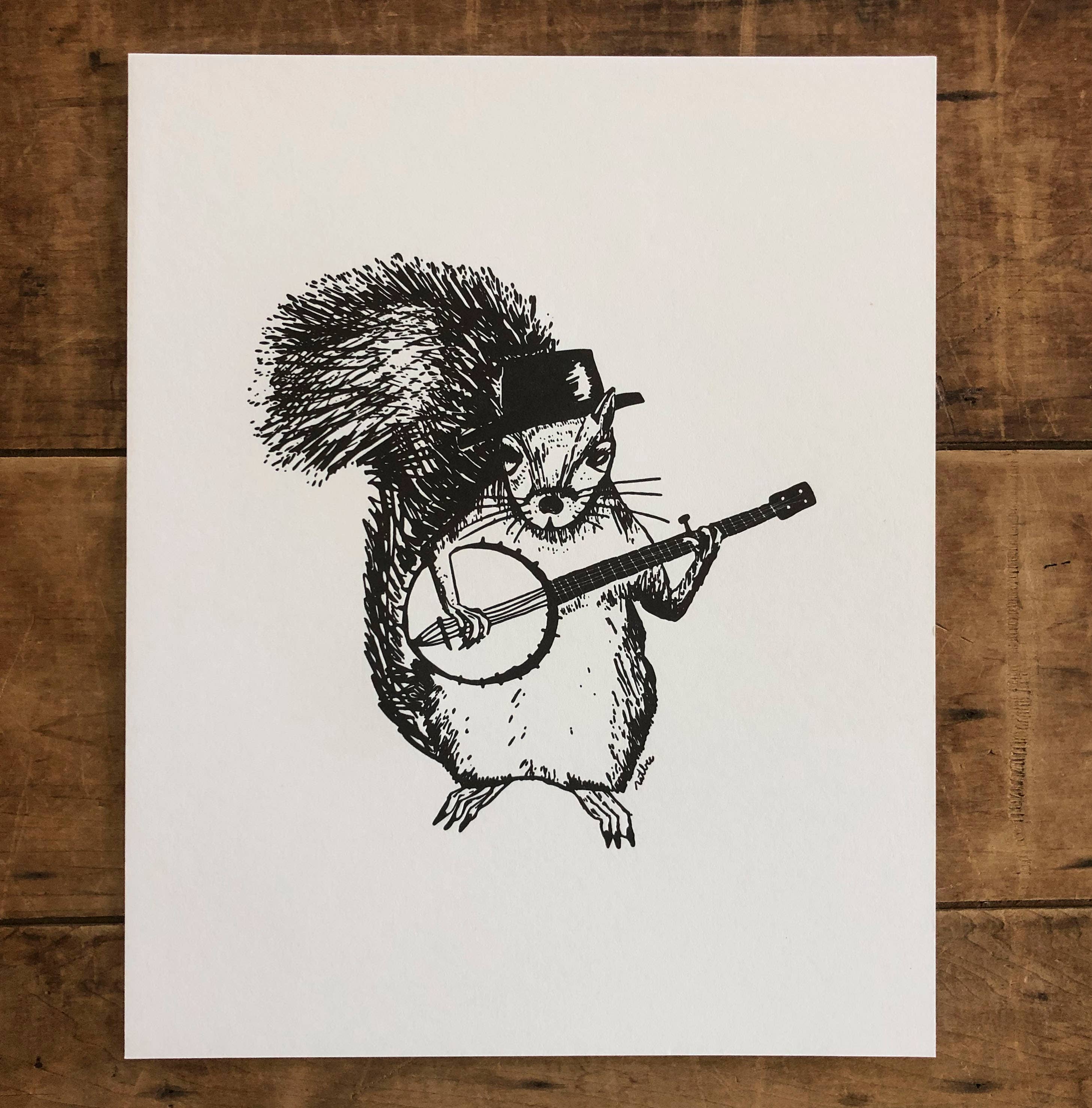 Ratbee Press - Wholesale Art Print - 8" x 10" Banjo Squirrel Print1