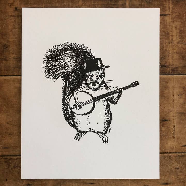 Ratbee Press - Wholesale Art Print - 8" x 10" Banjo Squirrel Print1