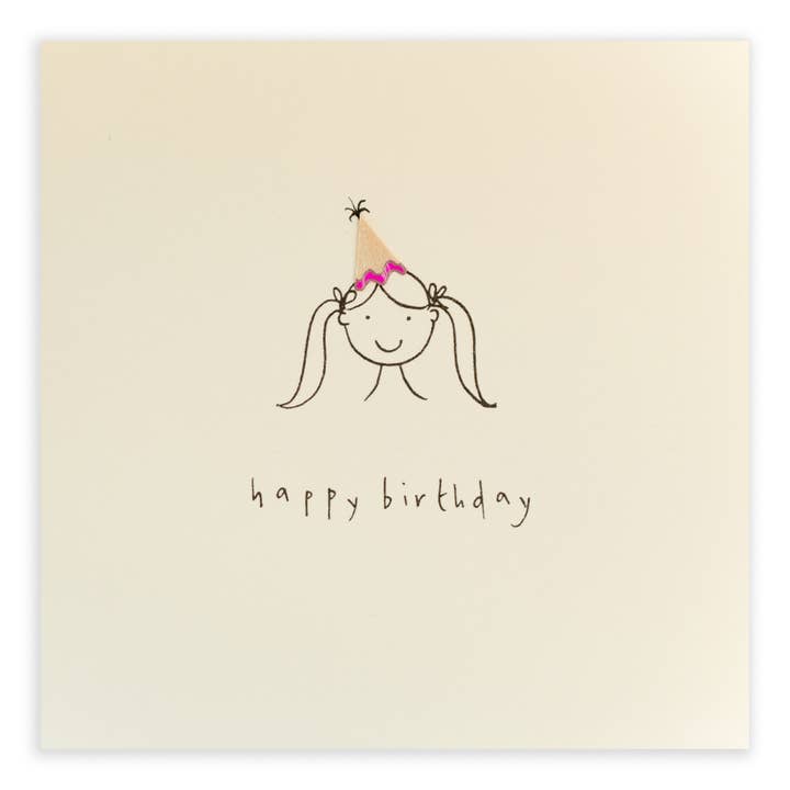 Birthday Hat Girl – Handmade UK Greeting Card for wholesale by Ruth Jackson USA