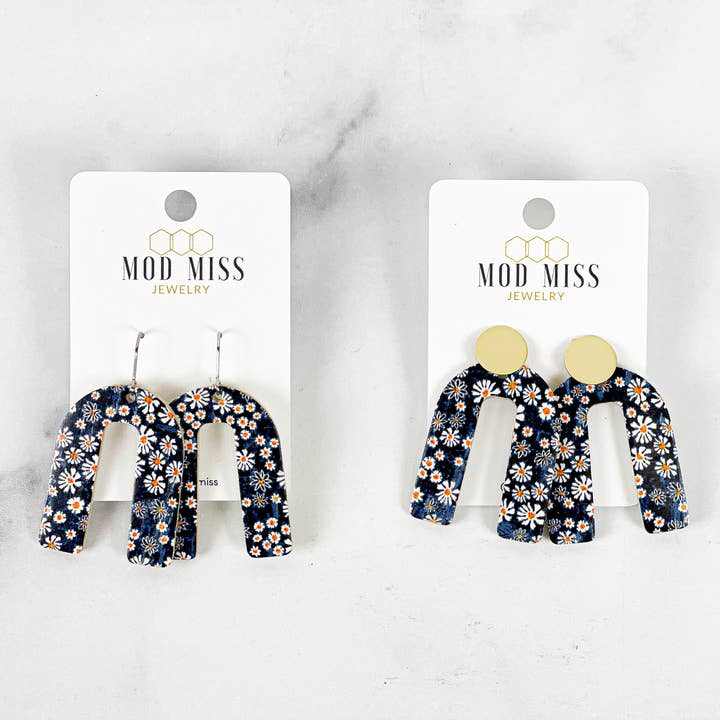 Cork+Leather Arch Earring "Navy Daisy" for wholesale by The Mod Miss