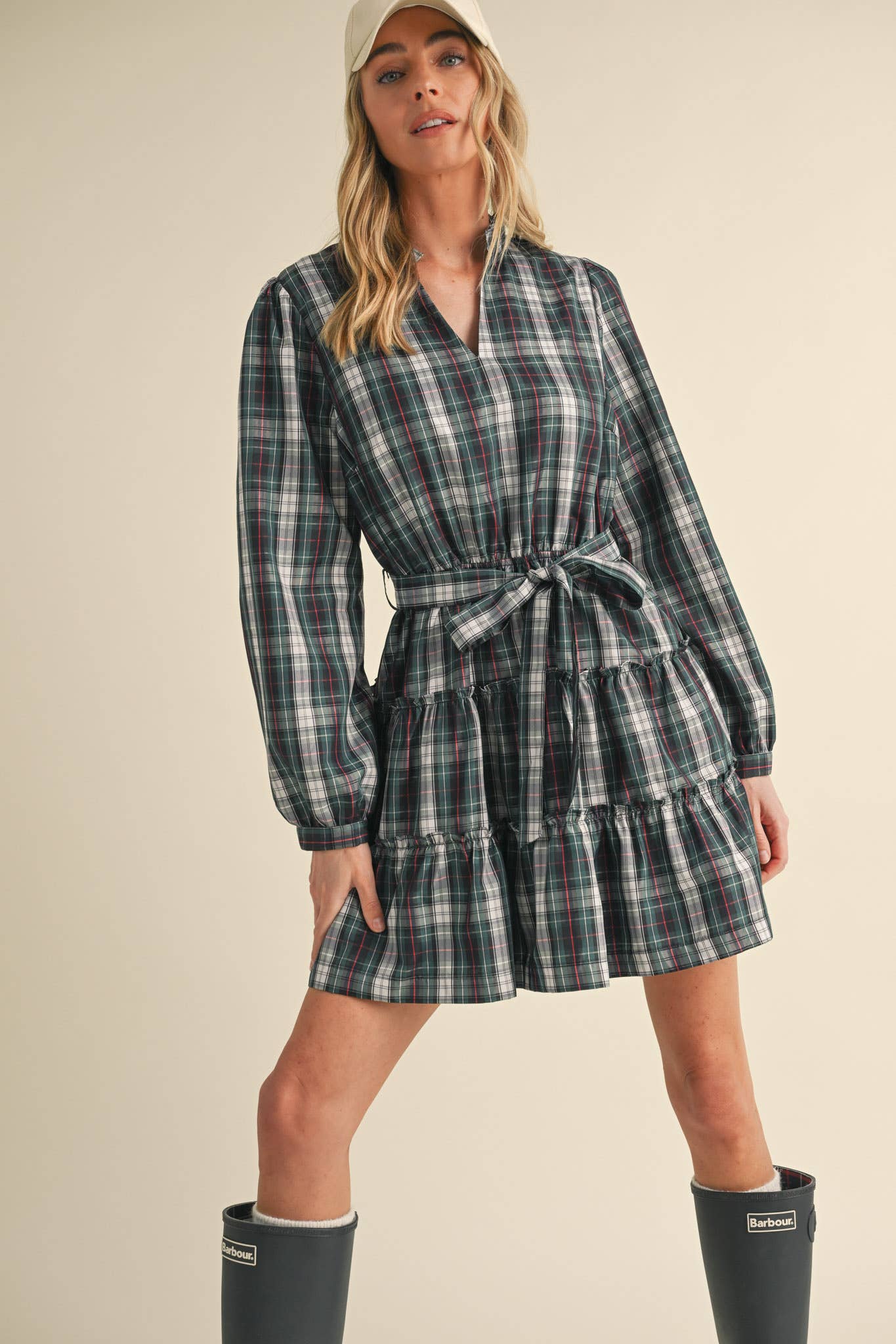 &MERCI - Wholesale Dress - Women's - PLAID MINI DRESS WITH TIERED RUFFLE TRIM MDR35382