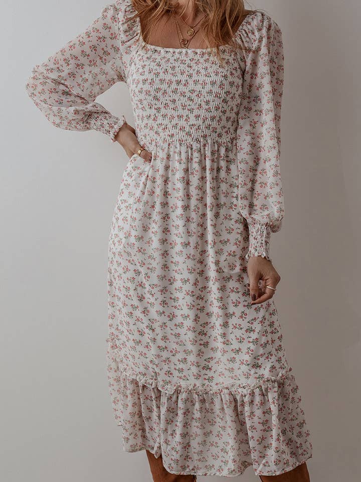 White Delaney Ruffled Hem Square Neck Midi Dress for wholesale on Faire3