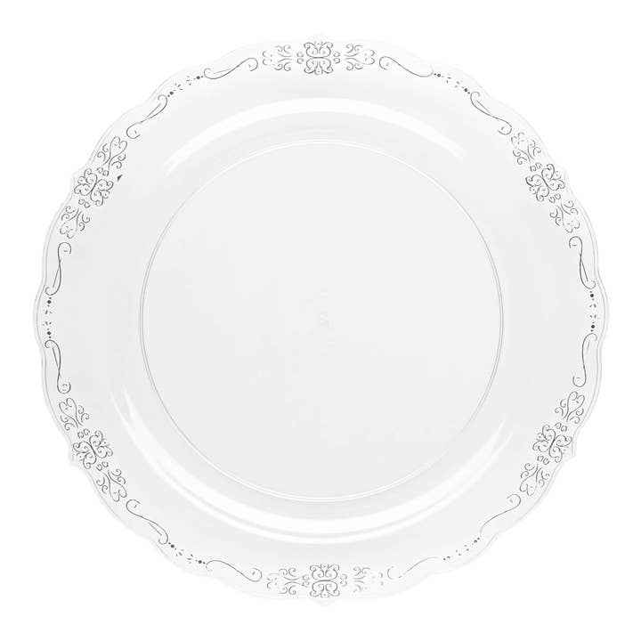 Platos de cena de plástico transparente con borde plateado de 10" - 120 uds. para venta al por mayor de Smarty had a Party