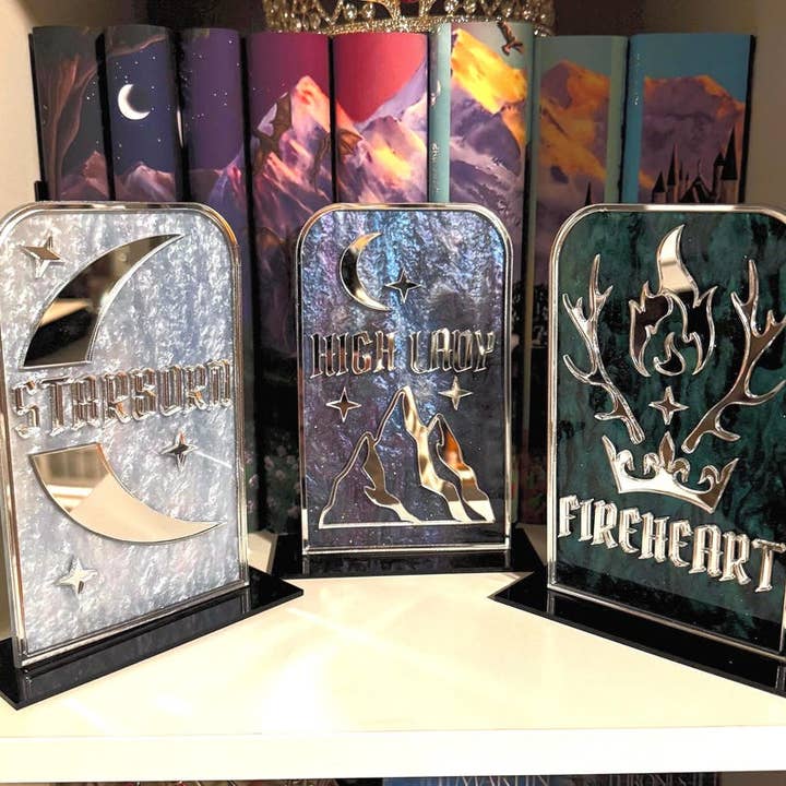 Acotar high lady desk decor, fireheart bookshelf plaque, crescent city merch, bookshelf decor, desk accessory for readers, acrylic desk sign for wholesale by Treasured Tropes Paper Co