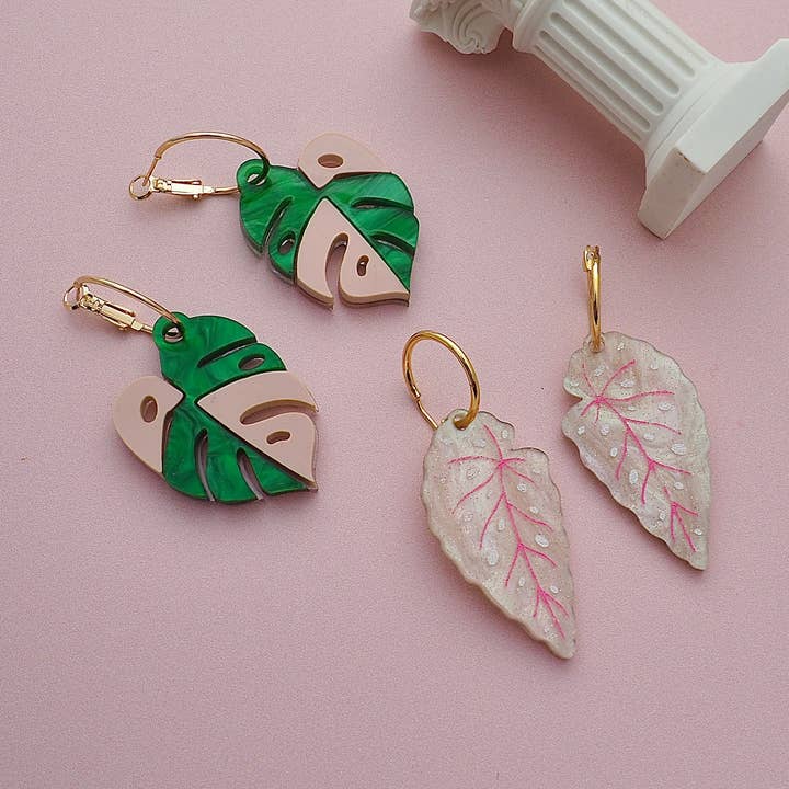 Pink Begonia and Monstera leaf earrings for wholesale by Rosamond Street
