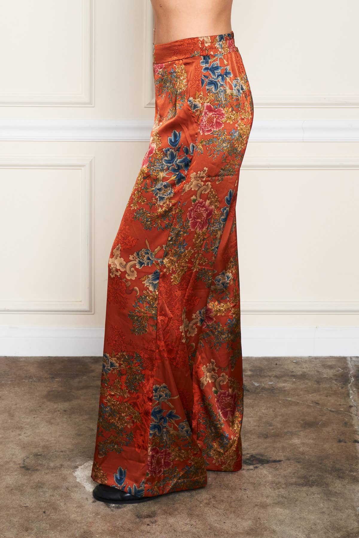 5771-MAP Satin Rust Print Palazzo Pant for wholesale on Faire2
