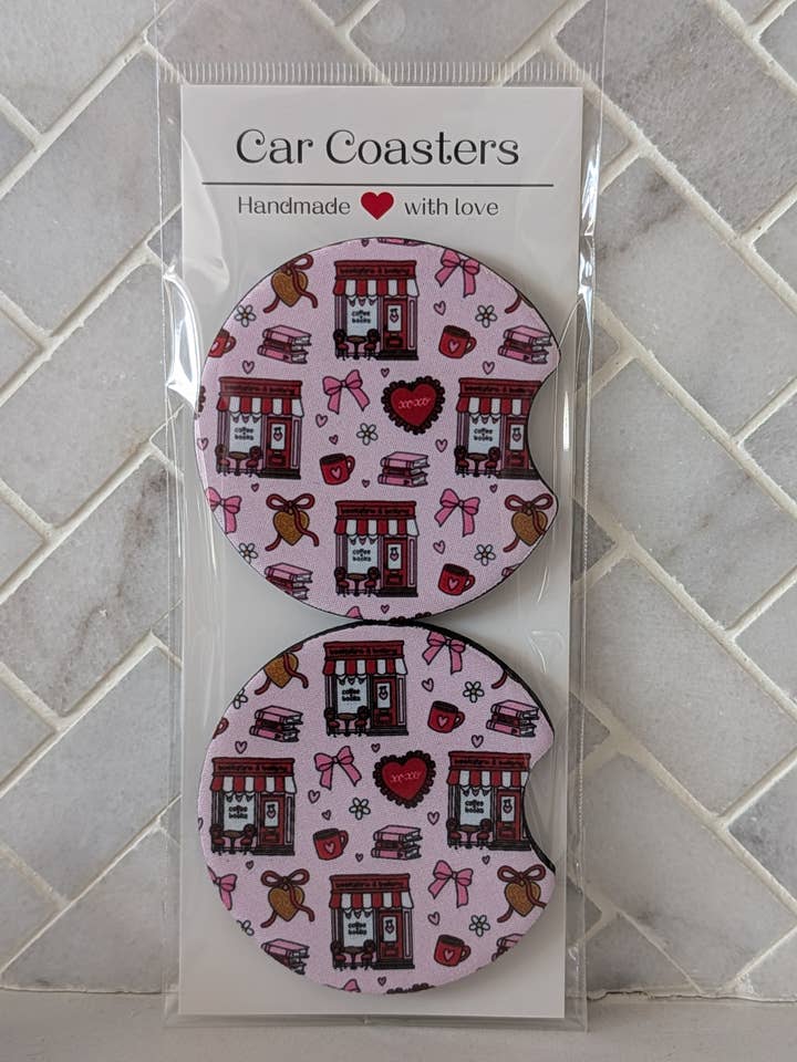 Valentine Bookstore Car Coasters for wholesale by Sweet Bean Candle Collective