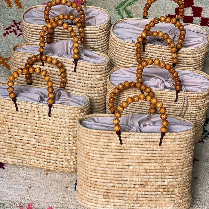 King Of Handmade - Wholesale Beach Bag - Handcrafted Moroccan Raffia Bags with Wooden Bead Handles