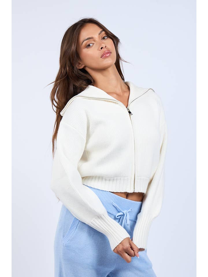 Sky to Moon - Wholesale Knit Sweater - Women's - SOLID COLOR WIDE COLLAR CROP ZIP SWEATER