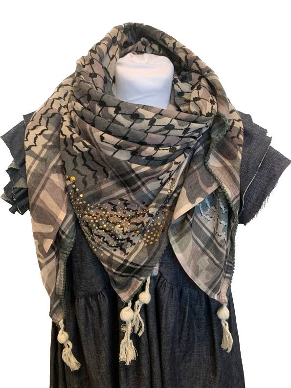 Kefiah Scarf - Military Green Color with Gold & Brown Rhinestones for wholesale by Emmy Alternative/Shak Chic