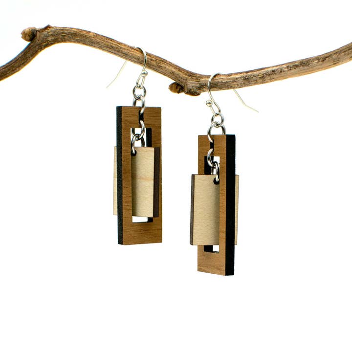 Rectangle Two-Tone Hardwood and Silver Dangle Earrings for wholesale by Inspired Indigo
