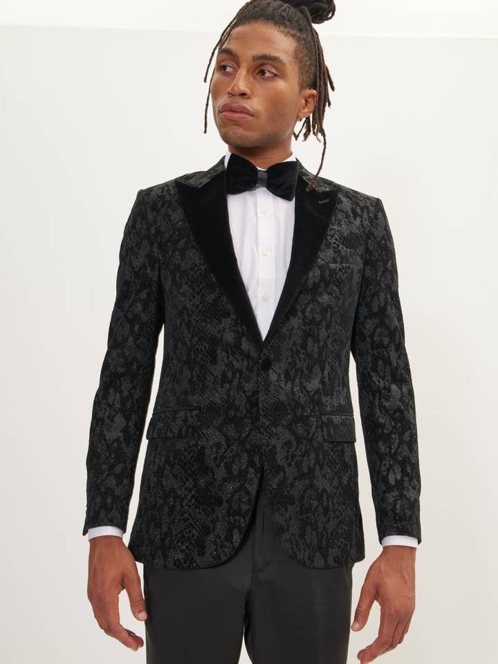 Men's Metallic Velvet Flocking Tuxedo Jacket - Black for wholesale by Ron Tomson