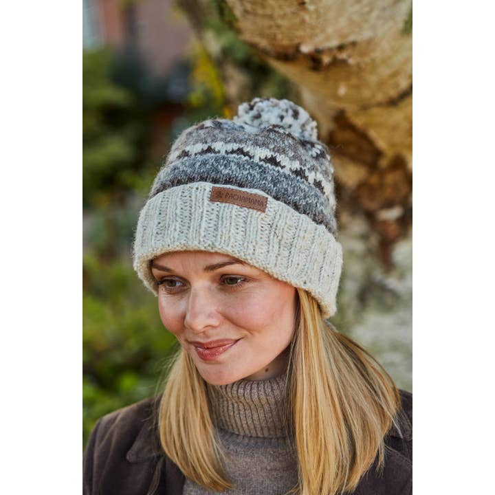 Classic Fair Isle Women's Wool Knit Roll Bobble Hat Natural for wholesale on Faire5