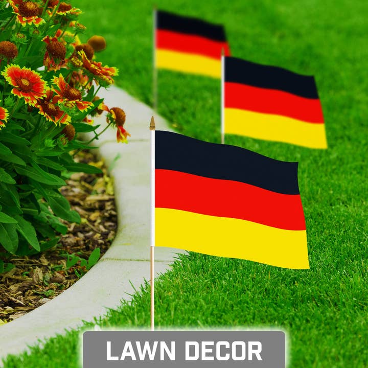 G128 - Wholesale Flag - G128 30 Pack Handheld Germany German Stick Flags | 8x12 In | Printed 150D Polyester, Country Flag, Solid Wooden Stick, Spear Gold Tip