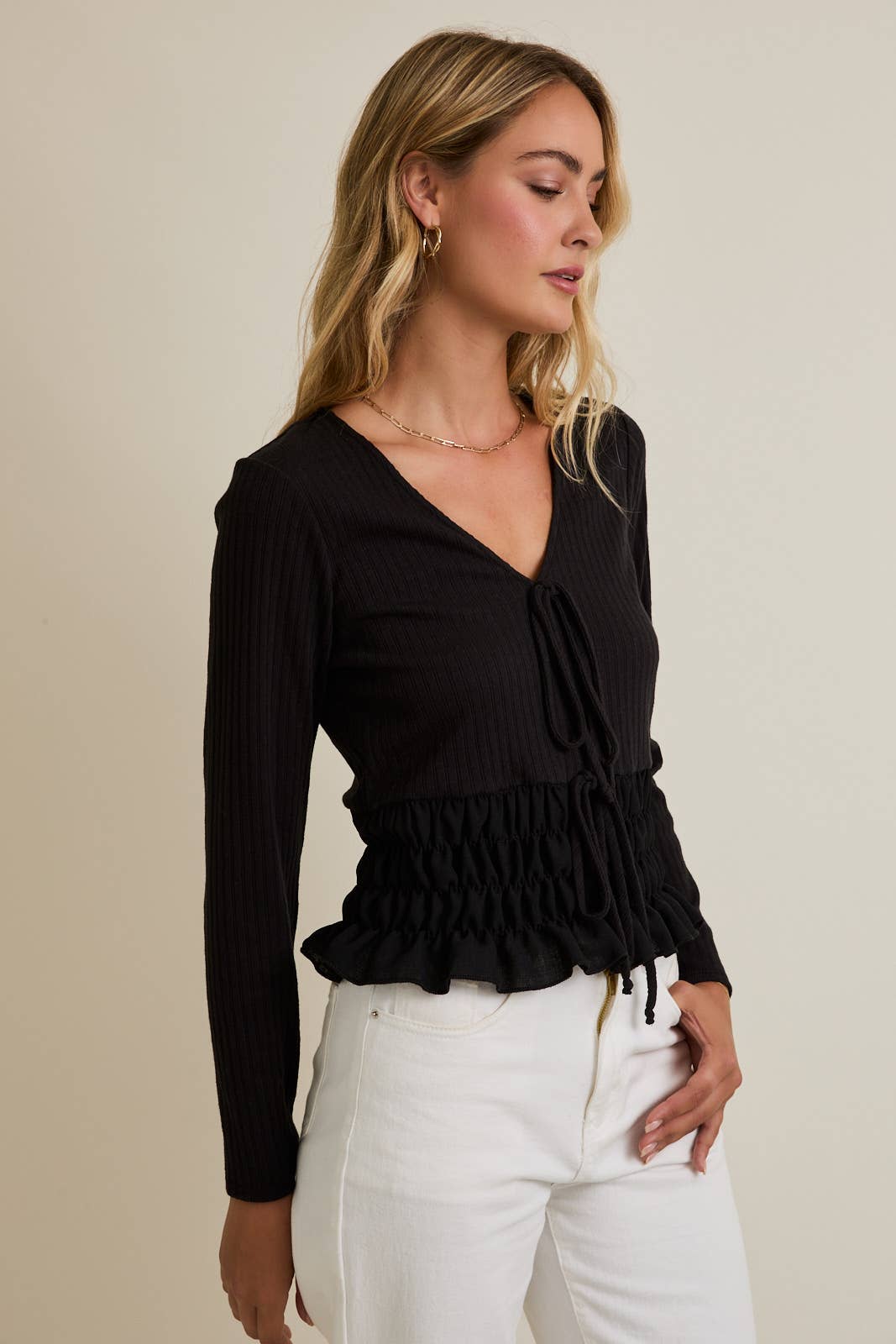 Black V-NECK FRONT TIE LONG SLEEVE TOP for wholesale on Faire1