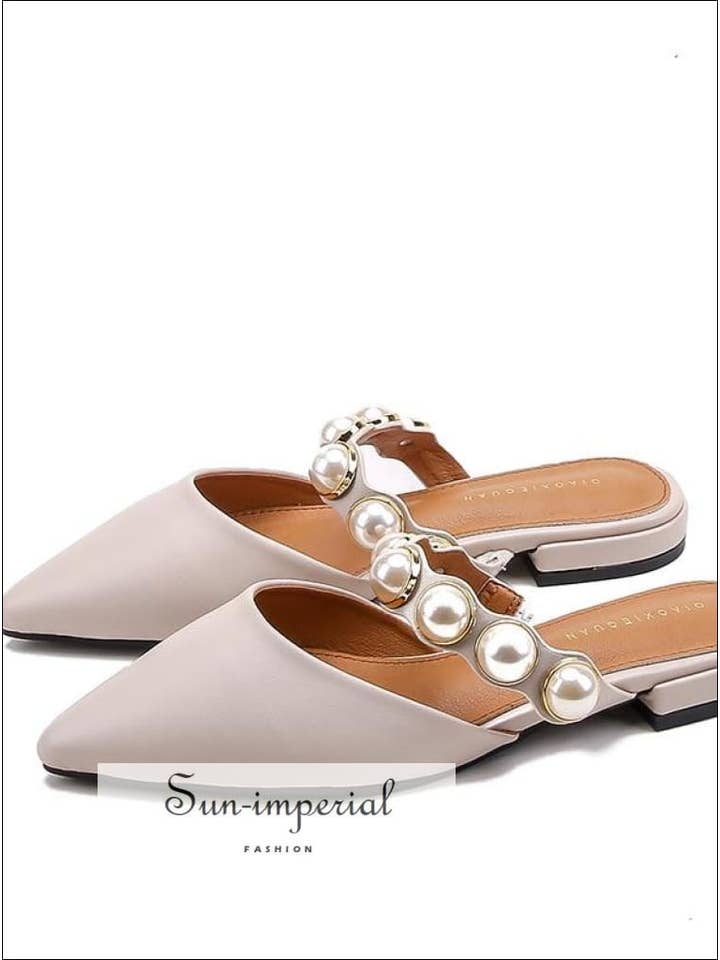 Sun Imperial – Großhandel Sandalen – Damen – Schwarze flache Schuhe mit spitzen Hausschuhen mit Perlenband und niedrigem Absatz