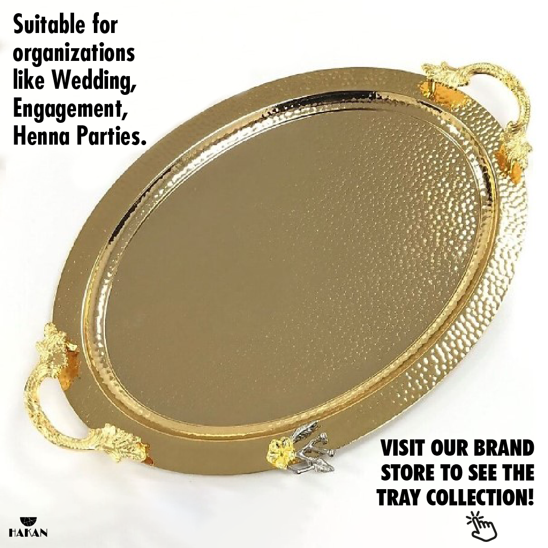 Hakan - Wholesale Serving Tray - Ornamental Anti Tarnish Big Oval Gold Serving Tray with Hand3