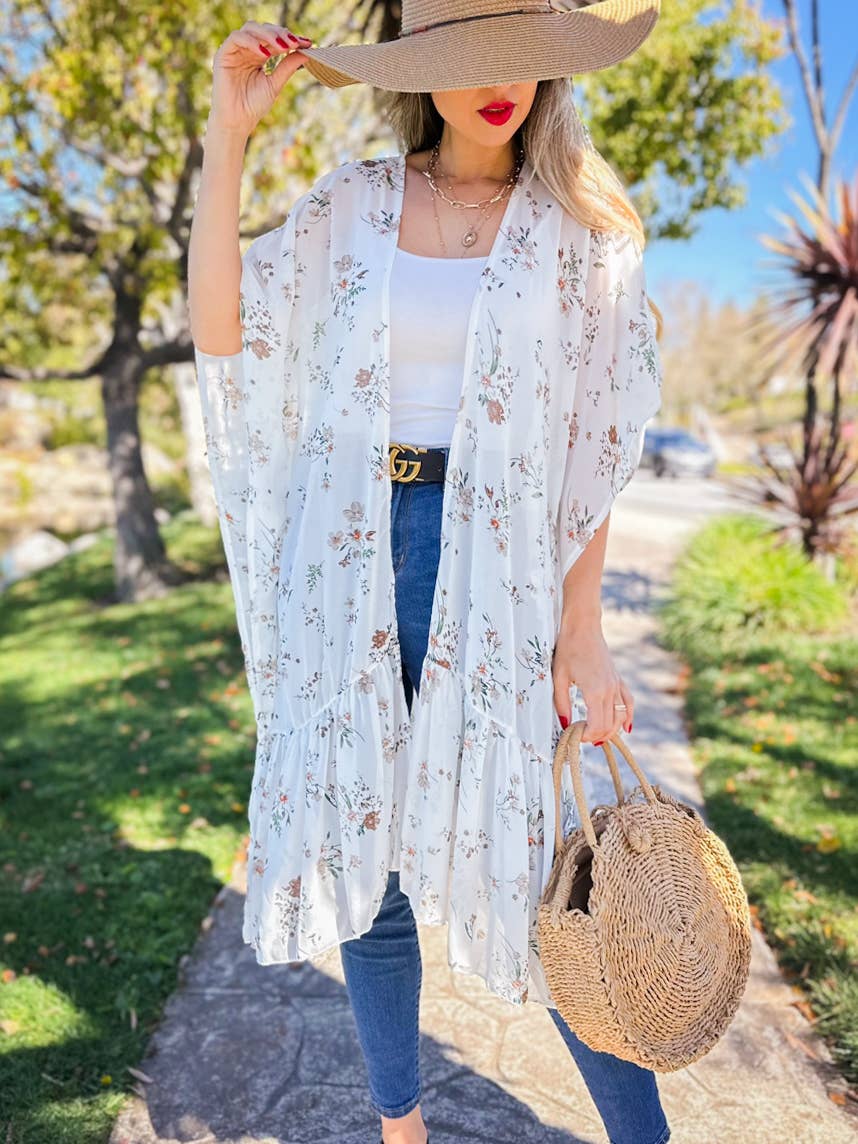 Ivory Floral Printed Ruffle Bottom Chiffon Kimono Cover Up for wholesale on Faire5