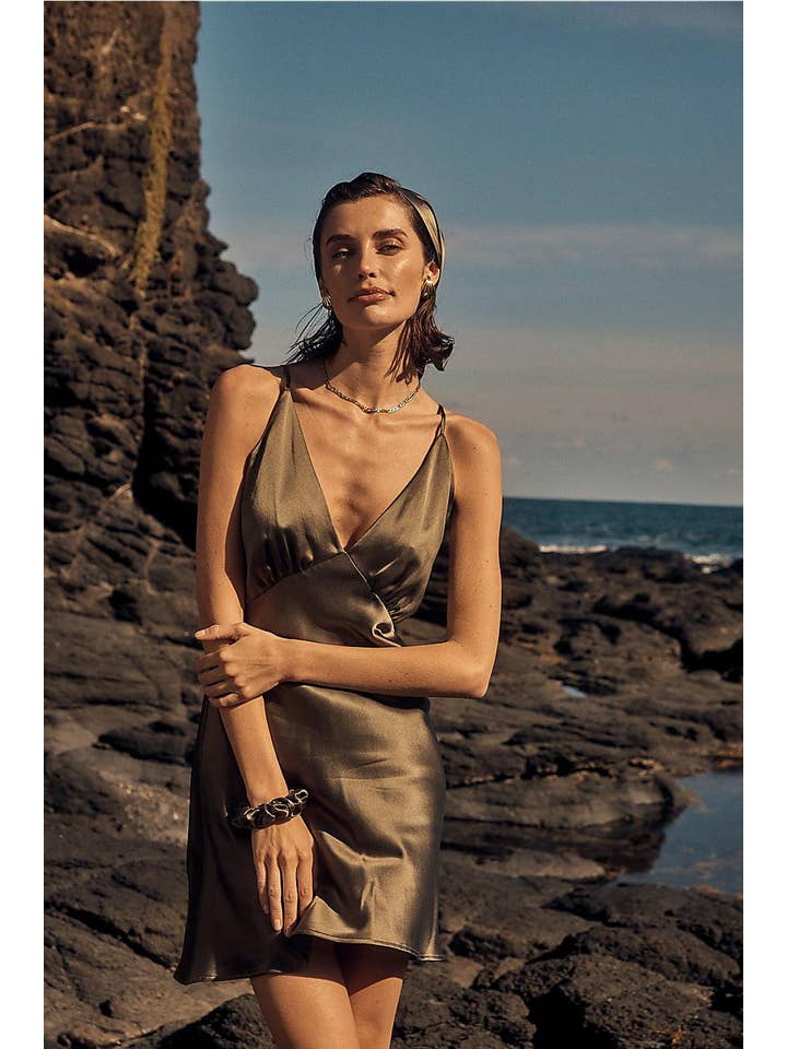Pure Silk Short Luxury Chemise - Seraphina Olive for wholesale on Faire