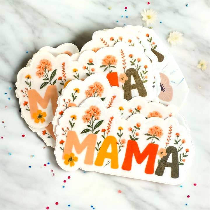 Autocollant Floral Mama 3x2 en vinyle transparent ou blanc pour la vente par Baby in Styles