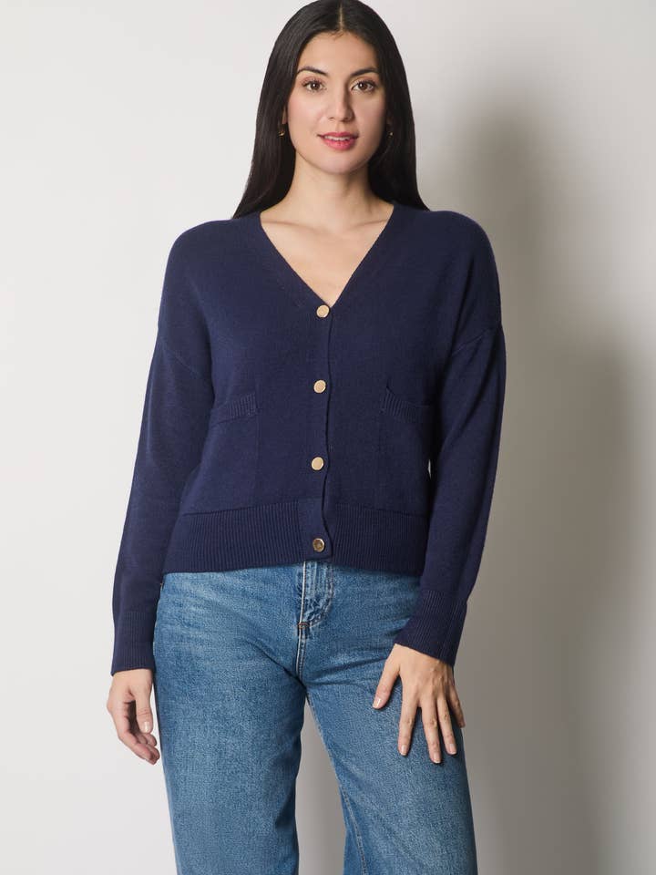 V-Neck Buttoned Cardigan with Pockets - Navy for wholesale by SOLO