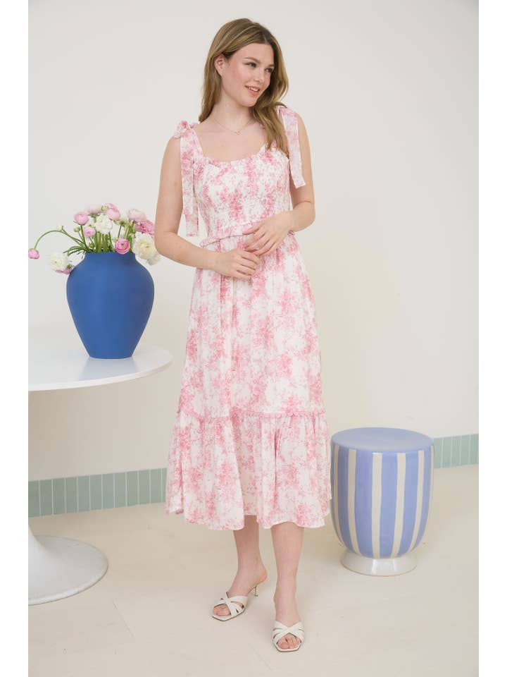 MINE - Wholesale Dress - Women's - FLORAL SMOCKED SWEETHEART RUFFLE TRIM MIDI DRESS