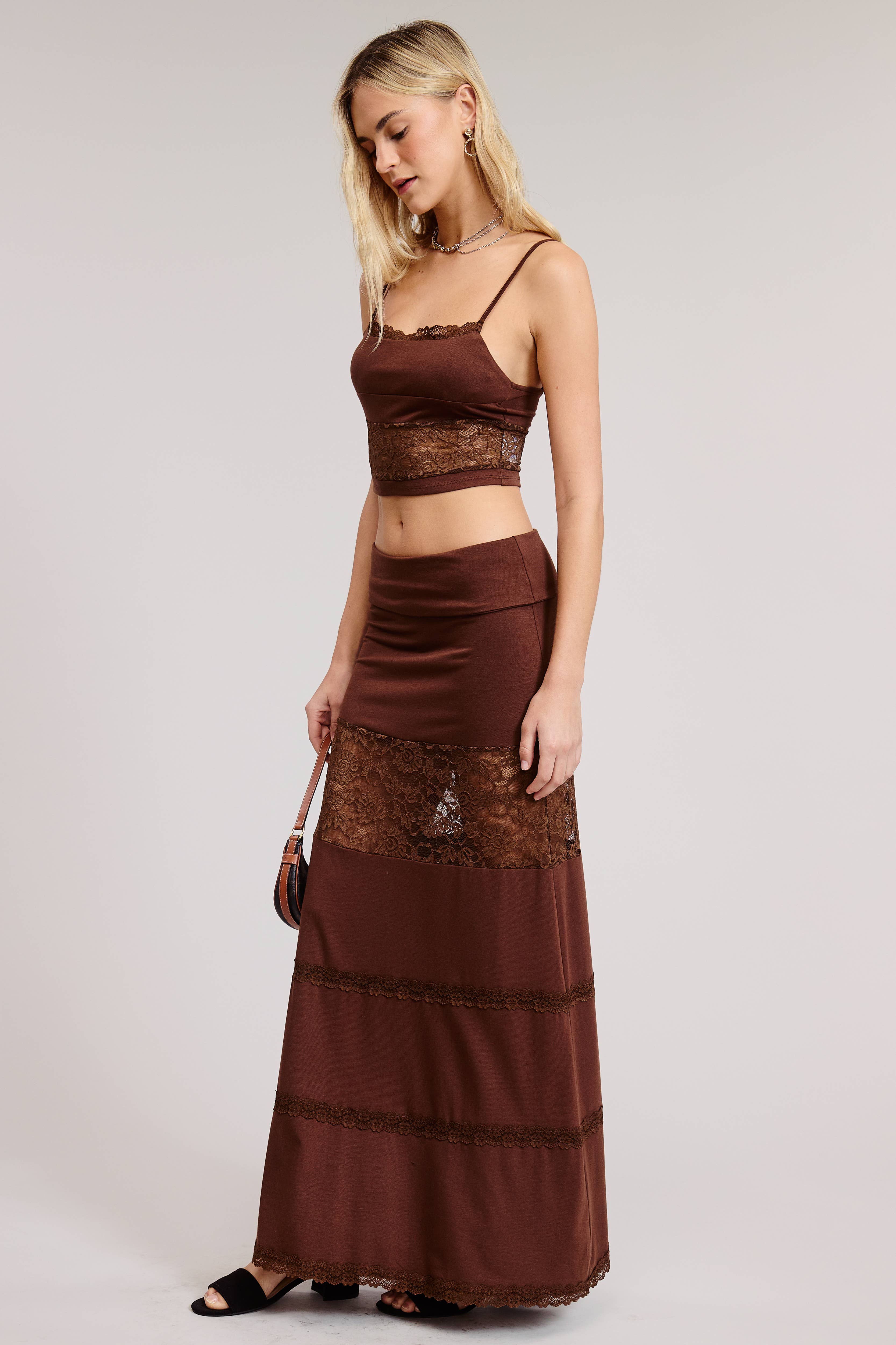 Mimosa - Wholesale Top & Skirt Set - Women's - Lace Contrast Cami and Fold over Maxi Skirt Set13