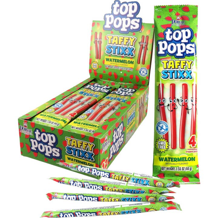Top Pops Taffy Stixx Chewy Sticks Watermalon 1.55oz 12 count for wholesale by Snacky Candy