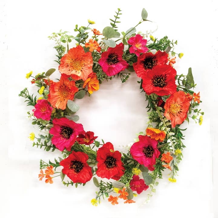 Sunset Poppy & Blooms Wreath - 24 In for wholesale by Saybrook Lane