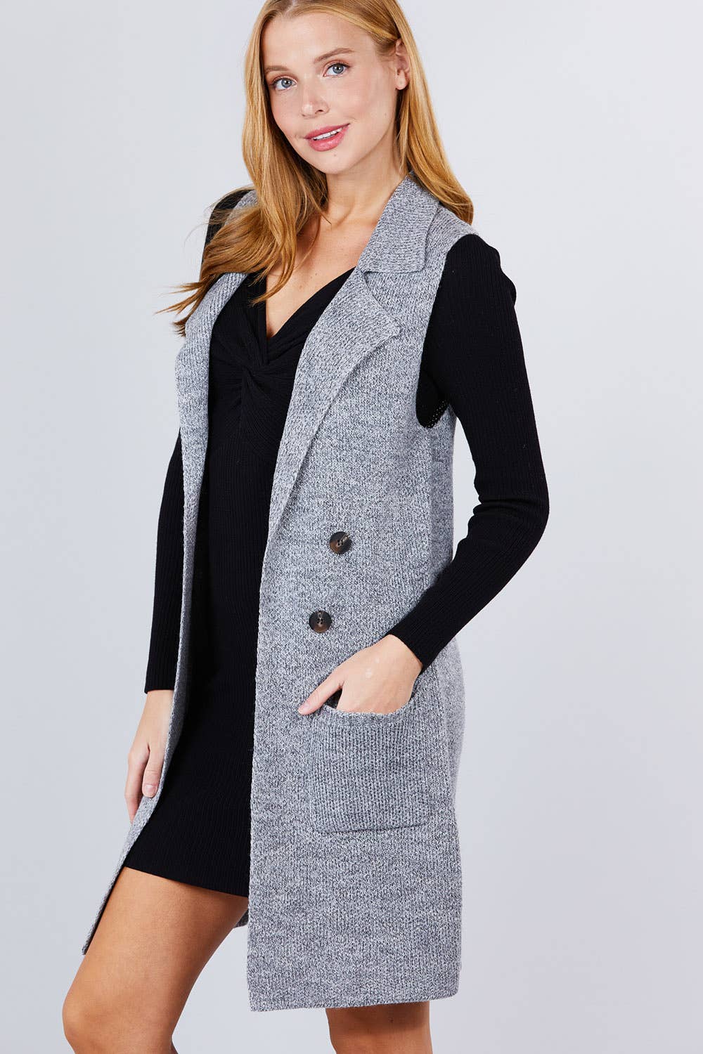 Active Basic | Active USA - Wholesale Outerwear Vest - Women's - Sleeveless Notched Collar Long Sweater Vest18