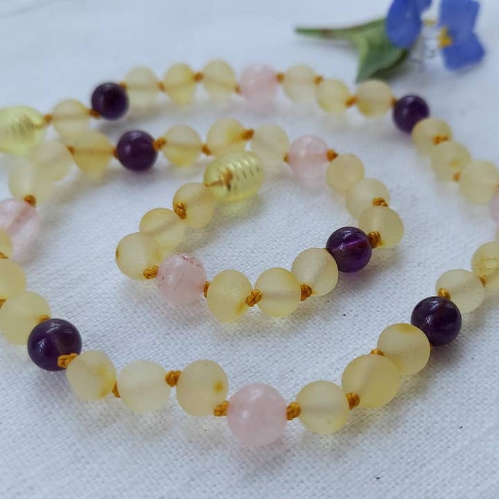 Amber Auksas – Engroshandel Perlehalskæde – Deluxe Baltic Amber m/Rose Quartz Ametyst 17.5" voksen halskæde4