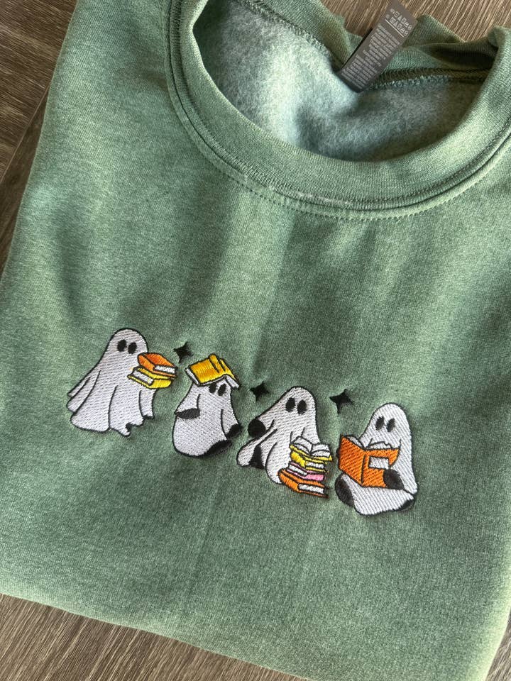 Boo-k Club, Embroidered Ghosts Reading Books, Fall Apparel for wholesale by Tale & Thread LLC
