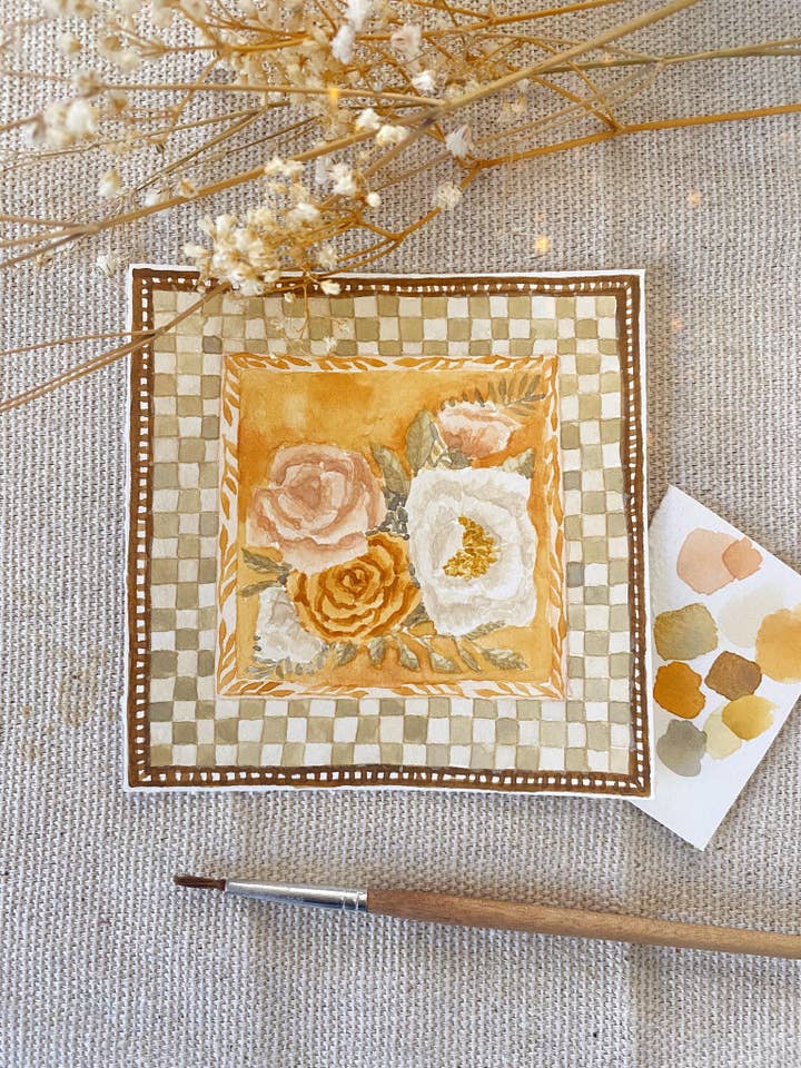 Soft Green Checkers with White Peony Print for wholesale by Lindsey Wells Art