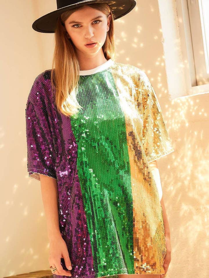Mardi Gras Sequin Color Block Oversized Tunic Top for wholesale by Main Strip