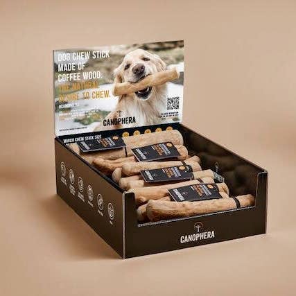CANOPHERA LLC - Wholesale Pet Chew Toy - Dog - Shelf Display Filled With 16 Coffee Wood Dog Chews.