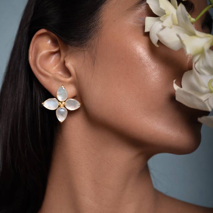 Mother of pearl floral studs - Wedding Gold gemstone earring for wholesale by DIORA