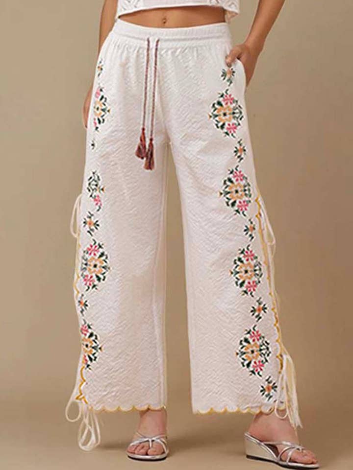 White Ladies Elastic Waist String Tie Floral Embroidery Pants for wholesale on Faire0