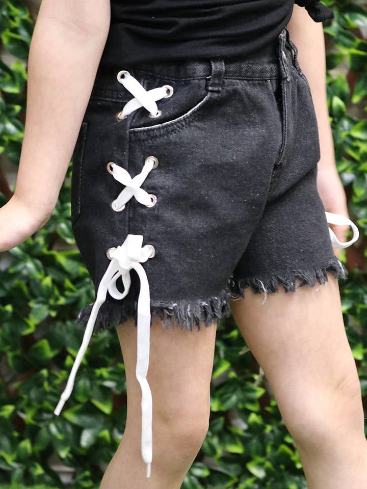 BLACK CRISS CROSS DETAIL DENIM SHORTS. LC-PN-211590-WENDY for wholesale by Kids Charm Online