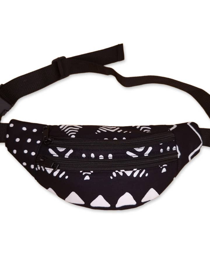 African Print Fanny Pack - Black / White bogolan - Ankara Waist Bag / Bum bag / Festival Bag with Adjustable strap for wholesale by AfricanFabs